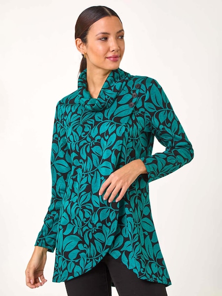 Roman Blue Leaf Print Cowl Neck Top (AR8786) | R$ 510