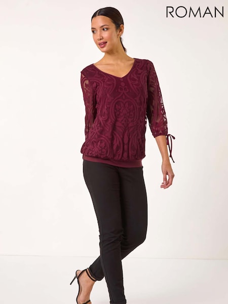 Roman Purple Burnout Print V-Neck Overlay Mesh Top (AR8803) | € 70