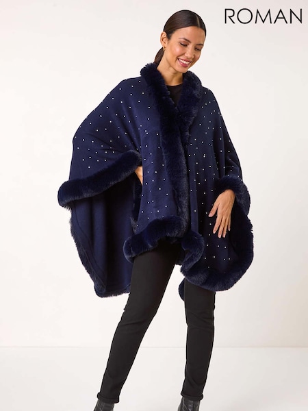 Roman Blue Hotfix Detail Faux Fur Trim Cape (AR8812) | 322 QAR