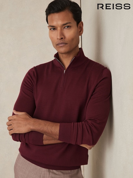 Claret Punainen - Reiss Blackhall Merino Wool Half-zip Funnel Neck Jumper (AR9355) | €154