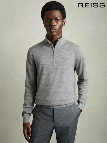 Lämmin harmaa melange - Reiss Blackhall Merino Wool Half-zip Funnel Neck Jumper (AR9367) | €154