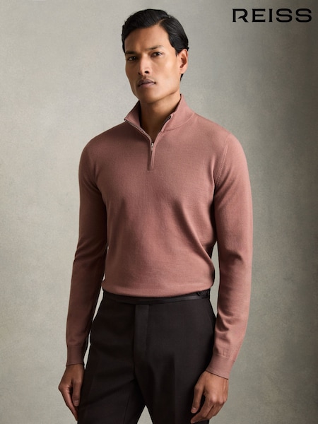 Reiss Dusty Blush Pink Blackhall Merino Wool Half-Zip Funnel Neck Jumper (AR9368) | €142