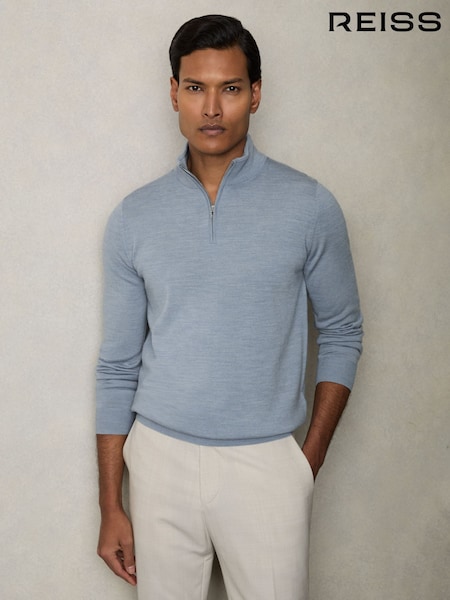 Pehmeä Sininen Melange - Reiss Blackhall Merino Wool Half-zip Funnel Neck Jumper (AR9371) | €154