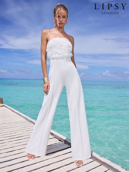 Lipsy White 3D Floral Bandeau Wide Leg Jumpsuit (AR9491) | €84
