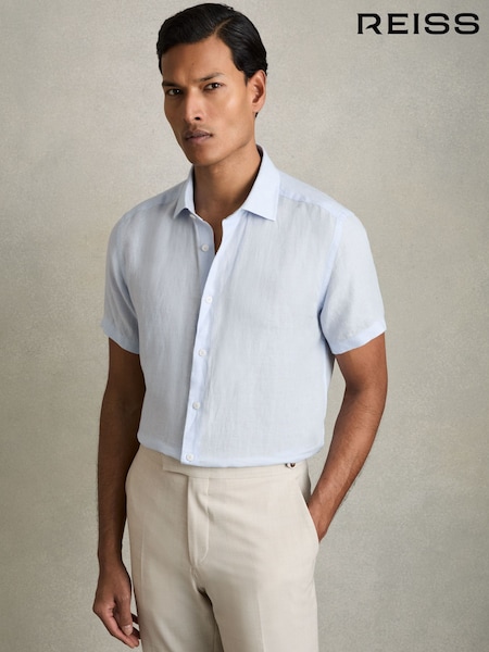 כחול בהיר - Reiss Holiday 100% Linen Short Sleeve Shirt (AR9586) | ‏642‏₪