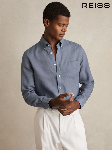 Reiss Airforce Blue Queens Linen Button-Through Shirt (AR9594) | €142
