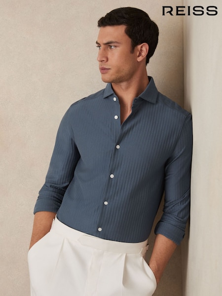 Reiss Airforce Blue Hayes Cotton-Jersey Stripe-Jacquard Shirt (AR9611) | ₪642