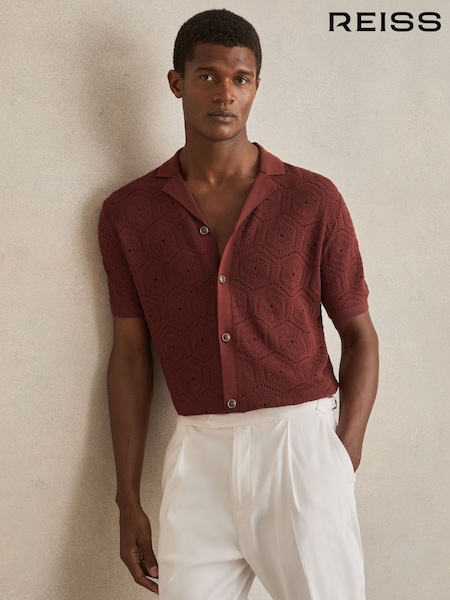 Reiss Brick Red Royce Pointelle Button-Through Shirt (AR9612) | €174