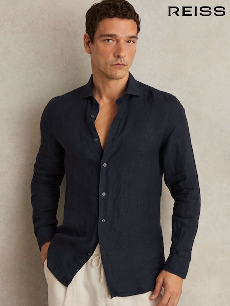 Reiss Navy Ruban Linen Striped Cutaway-Collar Shirt (AR9621) | €142