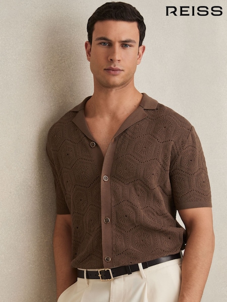 Reiss Brown Royce Pointelle Button-Through Shirt (AR9631) | €174