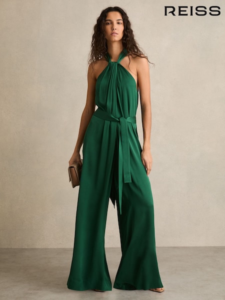 Verde - Reiss Rosin Satin Wide Leg Draped Jumpsuit (AR9634) | 345 €