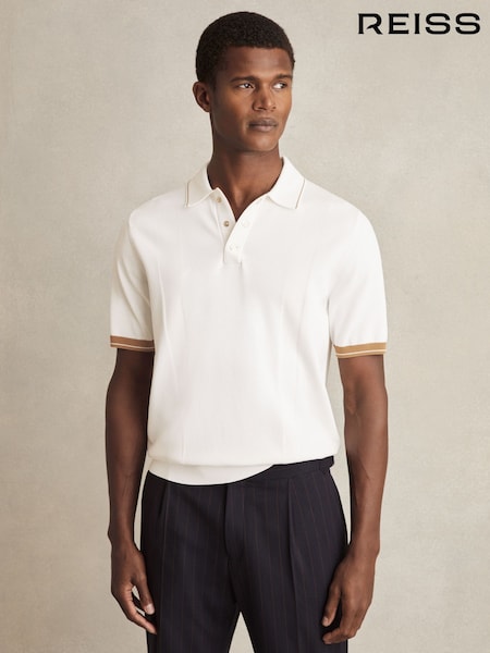 Reiss White/Camel Portman Tipped Knit Polo Shirt (AR9636) | 809 QAR