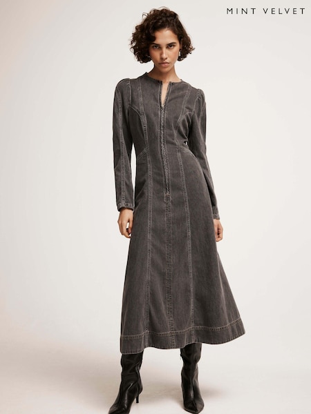 Mint Velvet Black Washed Denim 100% Cotton Midi Dress (AR9648) | €89
