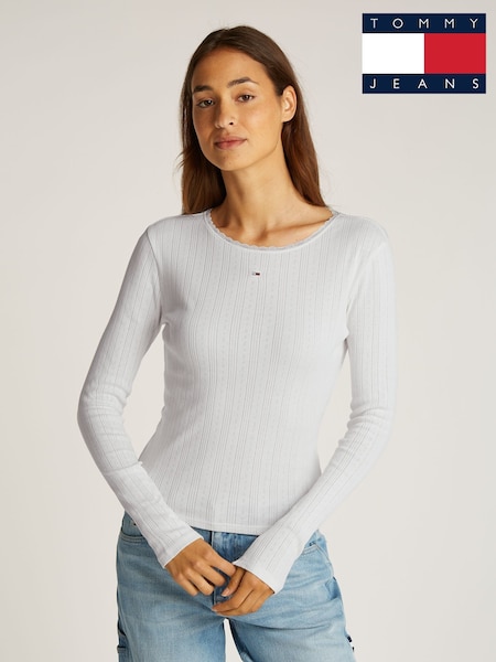Tommy Jeans White Slim Pointelle 100% Cotton T-Shirt (AR9839) | €46