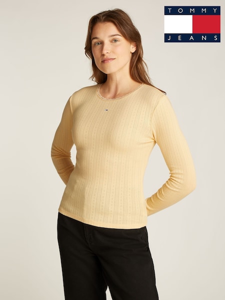 Tommy Jeans Cream Slim Pointelle 100% Cotton T-Shirt (AR9855) | €44