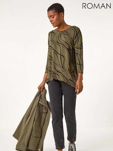 Roman Green Abstract Line Print Stretch Jersey Top (AR9910) | €46