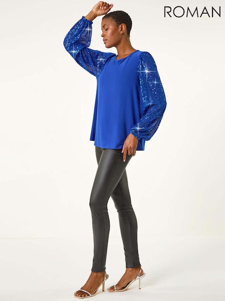 Roman Blue Sequin Sleeve Stretch Top (AR9913) | AED291