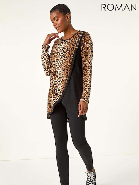 Roman Brown Animal Print Button Detail Top (AR9923) | €42