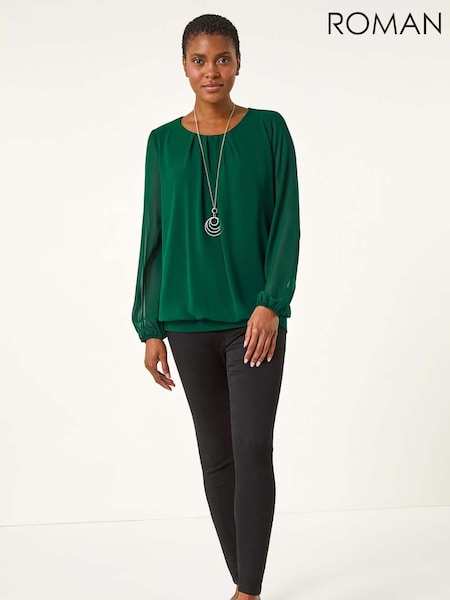 Green - Roman Chiffon Banded Hem Pleated Top (AR9930) | 57 €