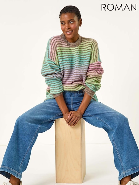 Roman Green Contrast Ombre Stripe Fluffy Jumper (AR9933) | €48