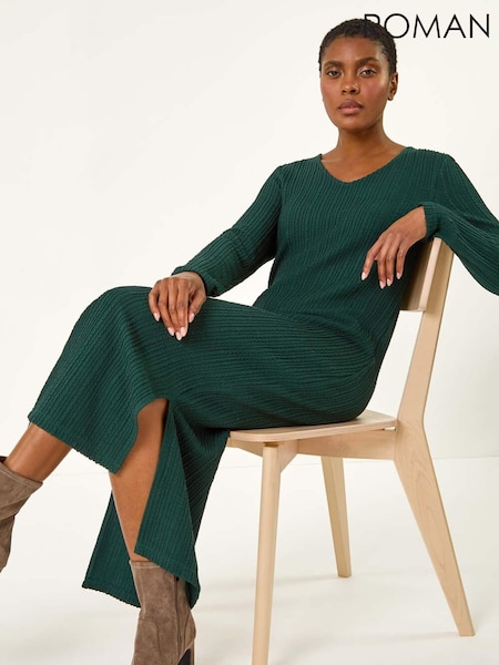 Roman Green Wave Textured V-Neck Stretch Midi Dress (AR9944) | €53