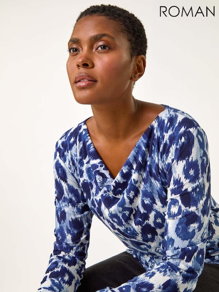 Roman Blue Animal Print Cowl Neck Tunic Top (AR9948) | €42