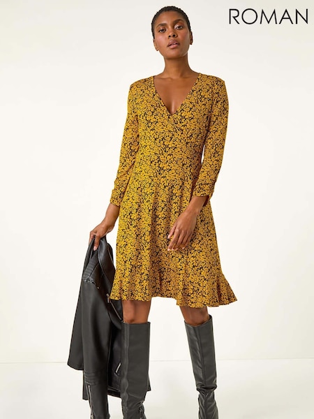 Roman Yellow Floral Print Wrap Front Stretch Dress (AR9955) | €59
