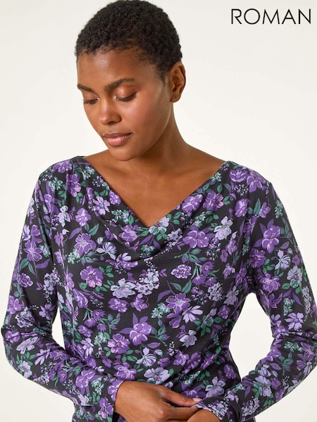 Roman Purple Ruched Cowl Neck Floral Top (AR9961) | AED233