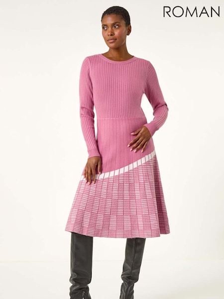 Roman Pink Pleated Border Ribbed Knit Dress (AR9963) | €60