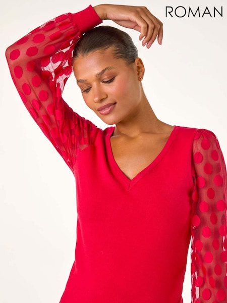 Roman Red Polka Dot V-Neck Sleeve Knit Jumper (AT0027) | OMR26