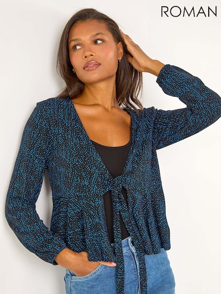 Roman Blue Abstract Print Tie Front Frill Cardigan (AT0028) | 158 QAR