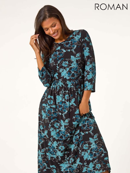 Roman Blue Floral Print Gathered Stretch Midi Dress (AT0042) | €53