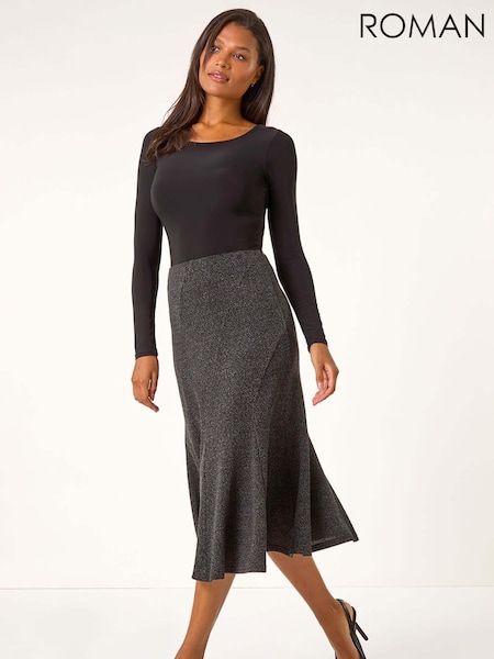 Roman Grey Flared Textured Midi Stretch Skirt (AT0047) | €67