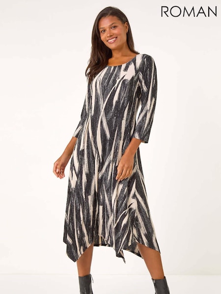 Roman Grey Ribbon Print Hanky Hem Midi Dress (AT0051) | 247 QAR