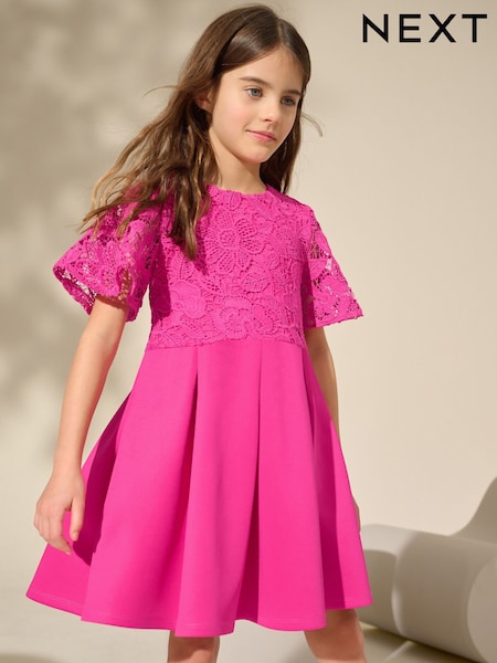 Magenta Pink Lace Scuba Dress (3-16yrs) (AT0380) | 129 QAR - 158 QAR