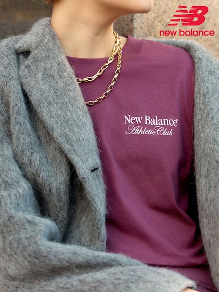 Plum Violetti - New Balance Womens Oversized Linear Heritage 100% Cotton T-shirt (AT0480) | €55