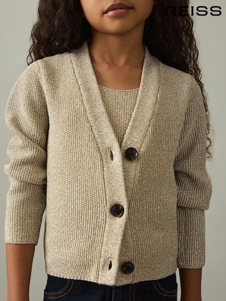 Reiss Gold Mika 9-13 yrs Metallic-Knit V-Neck Cardigan (AT0672) | 368 QAR