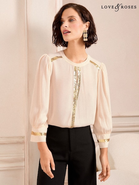 Love & Roses Ivory Petite Sequin Keyhole Crew Neck 3/4 Sleeve Blouse (AT0801) | €50