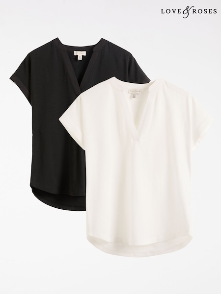Negro y marfil X2 - Love & Roses Notch Neck Jersey T-Shirt 2 Pack (AT0804) | 59 €