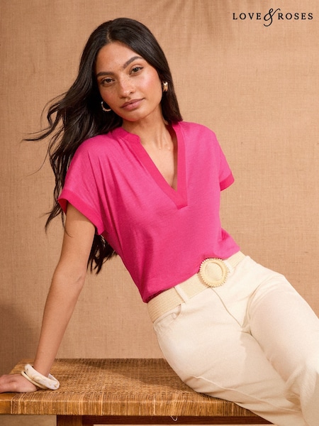 Roz deschis - Love & Roses Decolteu în V Jersey Tricou (AT0806) | 164 LEI