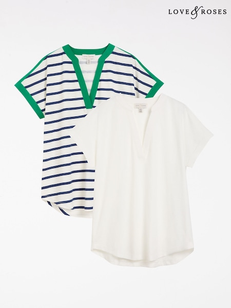 Ivory and Stripe X2 - Love & Roses Notch Neck Jersey T-Shirt 2 Pack (AT0822) | 59 €