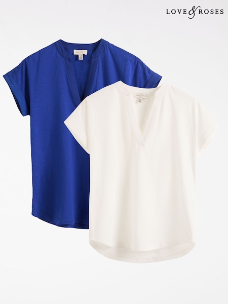 Ivory and Cobalt Blue X2 - Love & Roses Notch Neck Jersey T-Shirt 2 Pack (AT0823) | 59 €