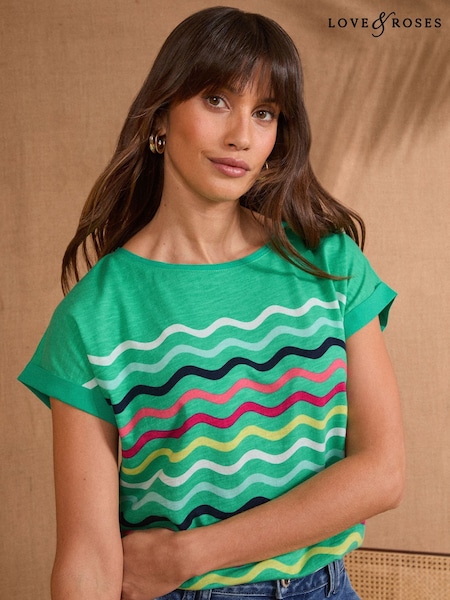 Love & Roses Green Multi Wave Stripe Crew Neck Jersey T-Shirt (AT0846) | 1,442 UAH