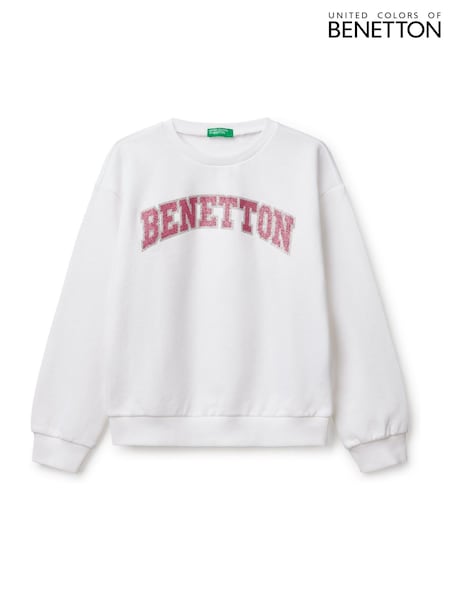 Benetton Girls Logo Crewneck 100% Cotton White Sweatshirt (AT1074) | 149 LEI