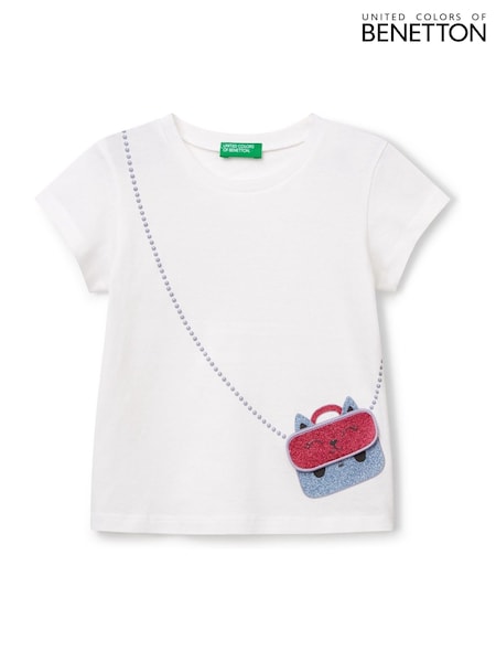 Benetton Girls Printed Applique 100% Cotton White T-Shirt (AT1101) | $30