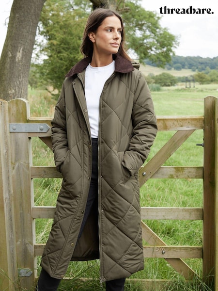 Threadbare Green Padded Diamond Quilted Longline Barn Jacket with Removable Hood (AT1106) | ₪354