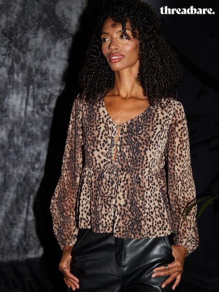 Threadbare Brown Leopard Print Chiffon Tie Front Smock Blouse (AT1125) | €21