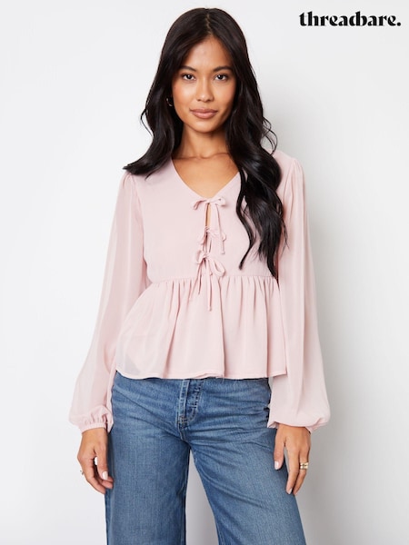 Threadbare Pink Leopard Print Chiffon Tie Front Smock Blouse (AT1132) | €17.50
