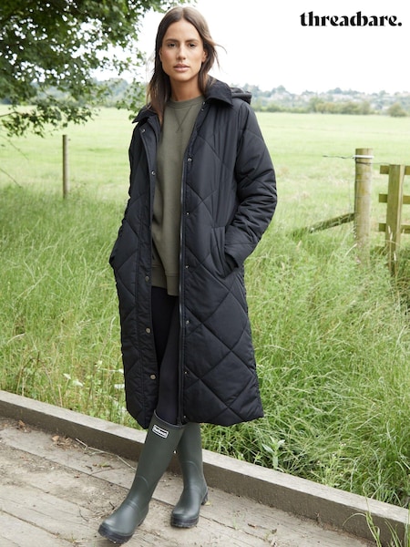 Черный - Threadbare Padded Diamond Quilted Longline Barn Jacket with Removable Hood (AT1137) | €30