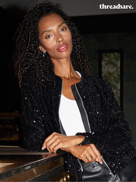 Threadbare Black Sequin Zip-Up Bomber Jacket (AT1138) | €34